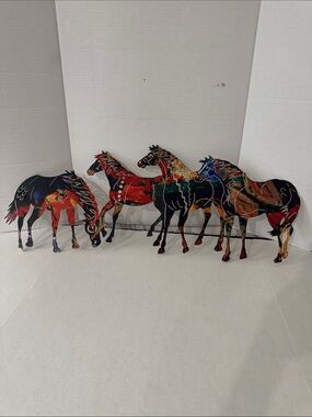 Metal Wall Hanging Painted Ponies plasma-cut solid steel home 4 horses colorful